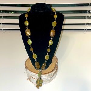 Custom Beaded Necklace in Green, Brown & Copper 23”